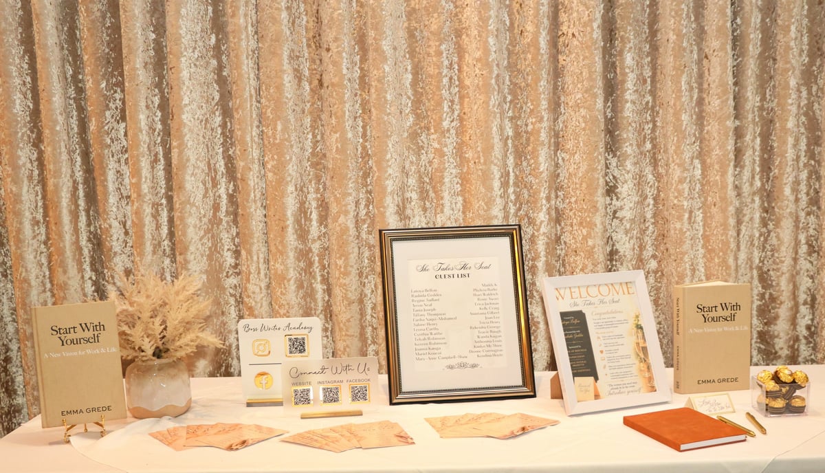 The welcome and book display at the inaugural She Takes Her Seat literary gathering in Montreal