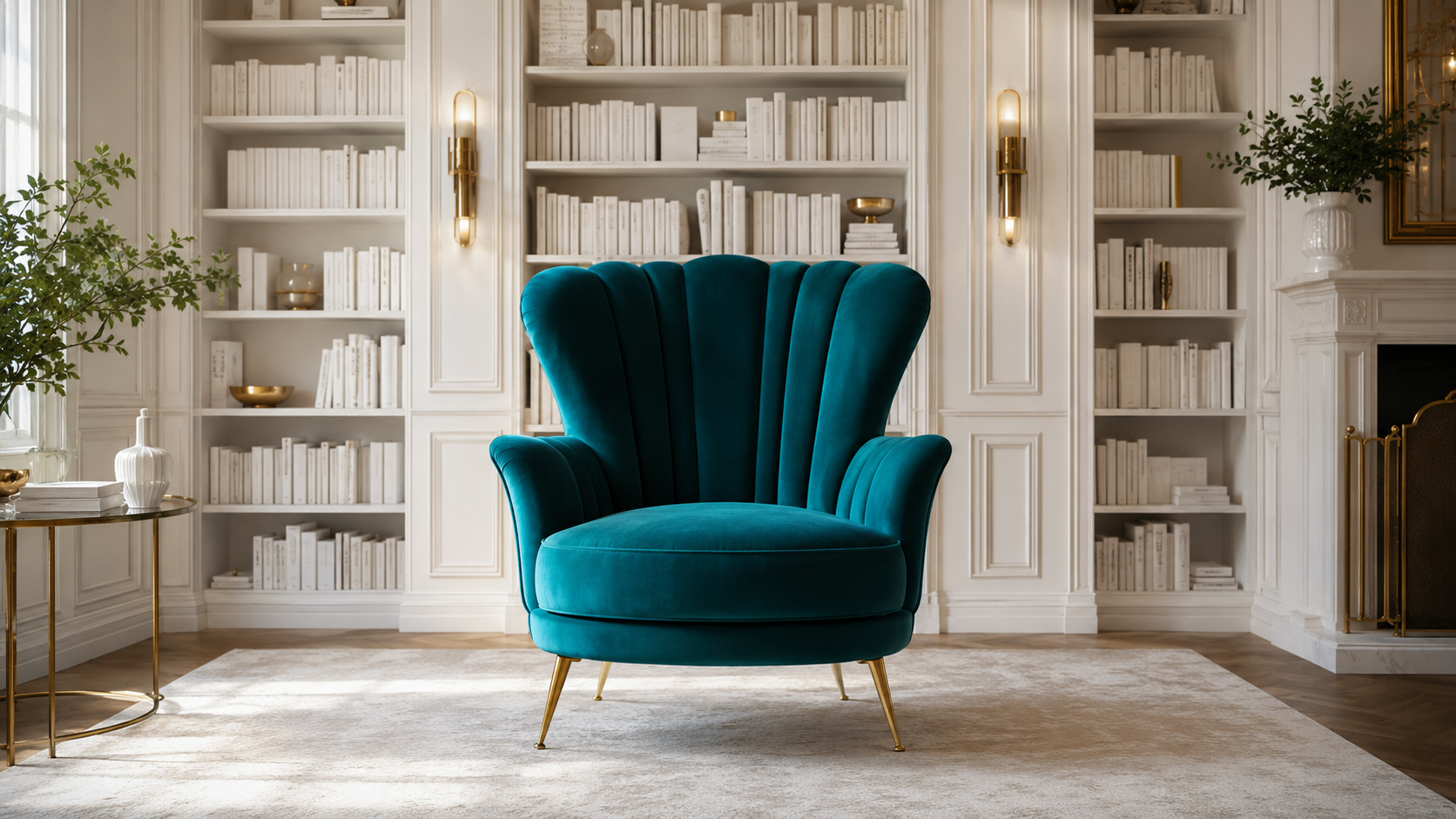 A luxurious teal velvet chair in a white editorial library, representing She Takes Her Seat